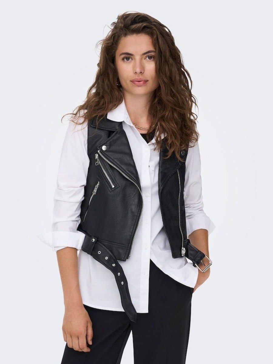 Zebra a Puà Onlvera Faux Leather Waistcoat Otw Black Capispalla